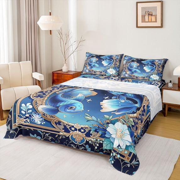 Feelyou Galaxy Blue Fish Animal Full Size Sheets for Kids Boys, Western Boho Flower Floral Bed Sheets, 4pcs