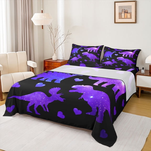 Feelyou Galaxy Dino Bed Sheets for Girls, Starry Stars Print King Sheets, Black Violet, 4 Pieces