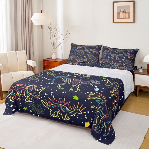 Feelyou Galaxy Dino Bed Sheets for Kids, Neon Line Space Skeleton King Sheets, Dark Navy, 4 Pieces