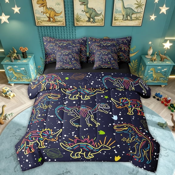 Feelyou Galaxy Dino Bedding Comforter Set for Kids, Neon Line Space Skeleton Queen Bedding Sets, Dark Navy, Black Reversible, 7 Pieces