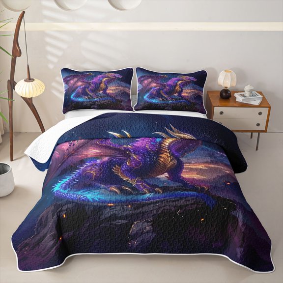 Feelyou Galaxy Dragon Animal Bed Spread Queen for Men Boys, Mountain Starry Sky Queen Coverlet Set, Violet Blue, 3-Piece