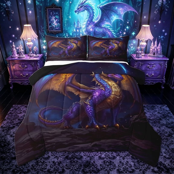 Feelyou Galaxy Dragon Queen Comforter Set for Boys, Starry Animal Bedding Comforter Set, Purple Blue, Black Reversible, 3-Piece