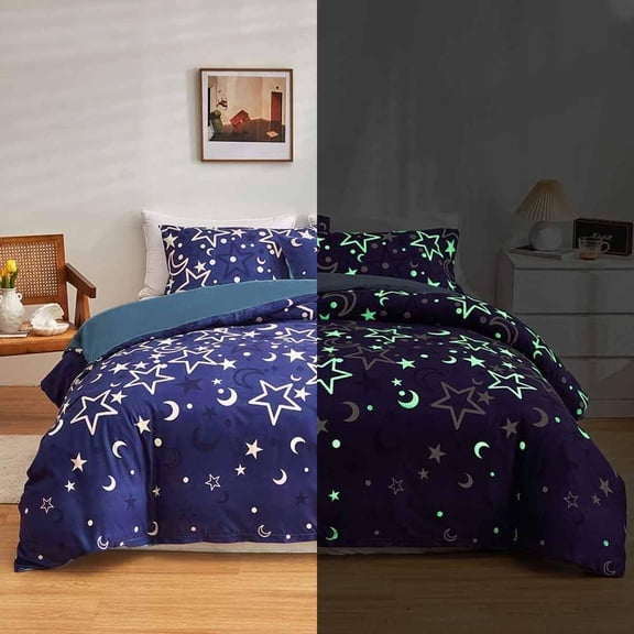 Feelyou Galaxy Glow in The Dark Duvet Cover Purple Universe Starry Night Bedding Set Super Soft Outer Space Stars Moon Comforter Cover Set man women Bedroom Decor Bedspread Cover king