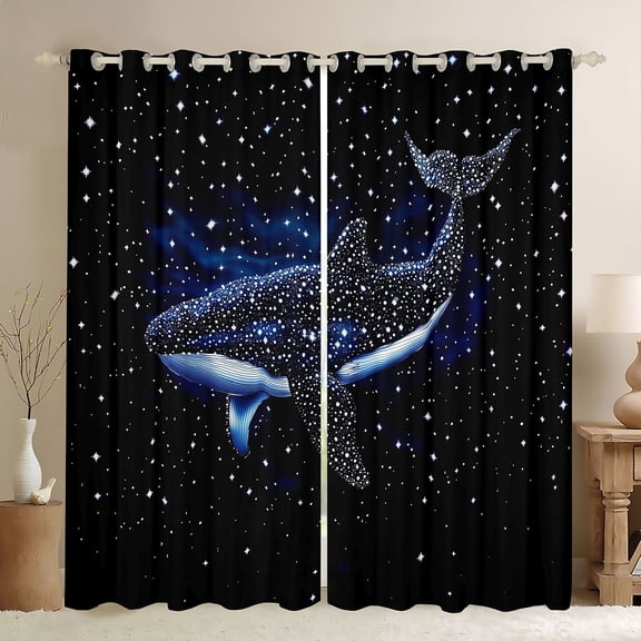 Feelyou Galaxy Star Whale Blackout Curtains Set of 2 (52x84 Each) for Kids Boys Girls, Magic Starlight Celestial Animal Window Curtains, Dark Blue
