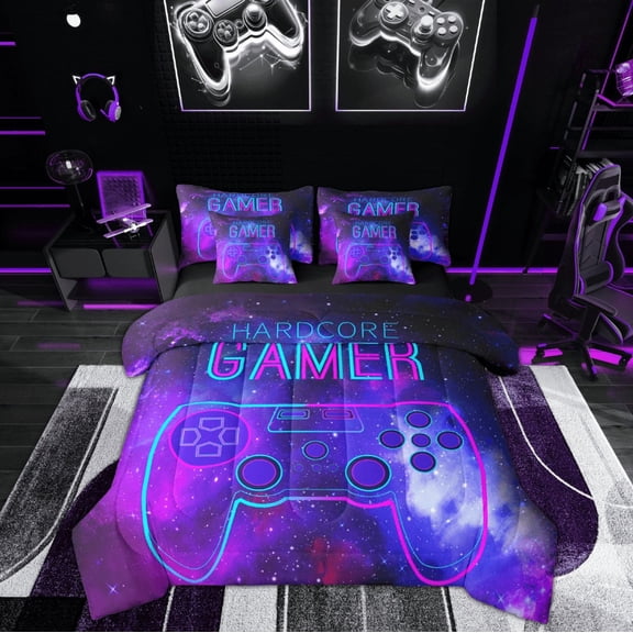 Feelyou Game Console Bedding Comforter Set 7 Pieces, Gamer Gamepad Full Bedding Set, Mystic Galaxy Starry Sky Reversible Fitted Sheet Flat Sheet, Ultra Soft Home Decor