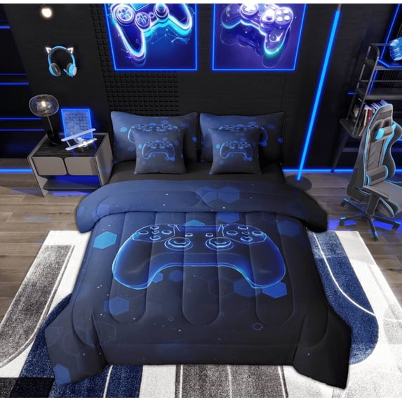 Feelyou Game Console Lover Twin Bedding Sets 7-Piece, Modern Honeycomb Geometric Bedding Comforter Set, Teen Boy Girl Kid Reversible Sheet Sets, Breathable Home Decor