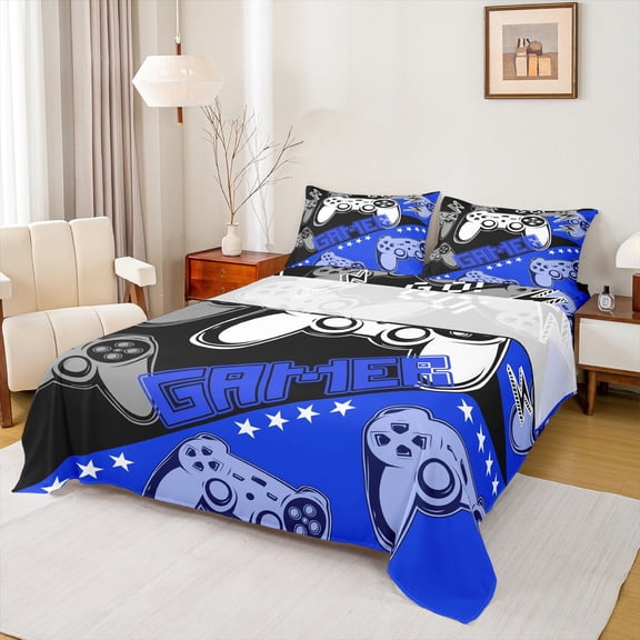 Feelyou Game Console Player Twin Sheet Sets, Blue Gamer Gamepad Twin Fitted Sheet, Teens Kids Boys Girls Flat Sheet, Ultra Soft Bedroom Decor, 3 Pieces