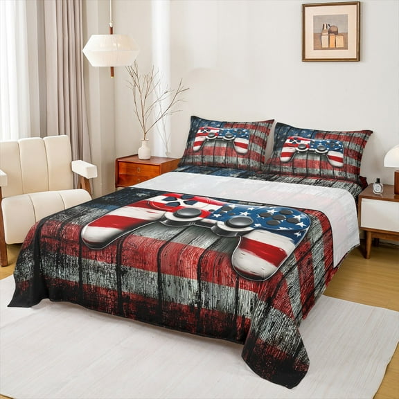 Feelyou Gamepad Lover Boys Full Size Sheets, Rustic Wooden Cabin Bed Sheets, Retro American Flag Sheet Sets, Ultra Soft Bedroom Decor, 4pcs