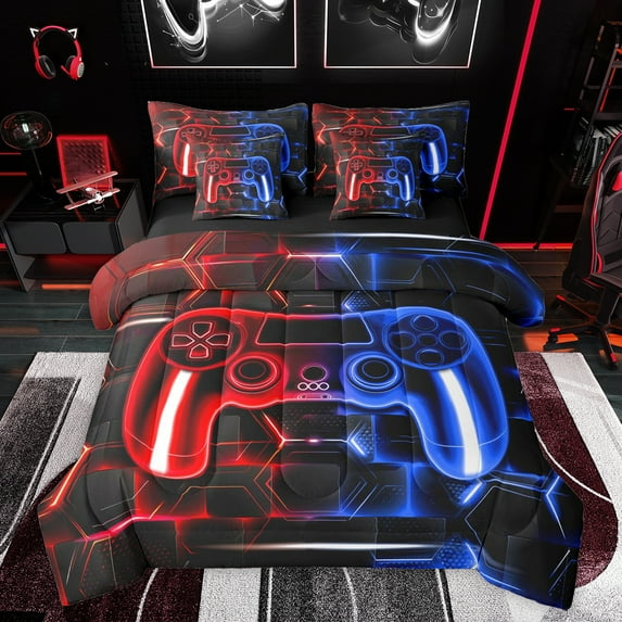 Feelyou Gaming Controller Kid Bedding Comforter Set 7pcs, Futuristic Game Consloe Queen Bedding Sets, Honeycomb Abstract Blue Reversible Queen Sheet Sets, Lightweight Room Decor