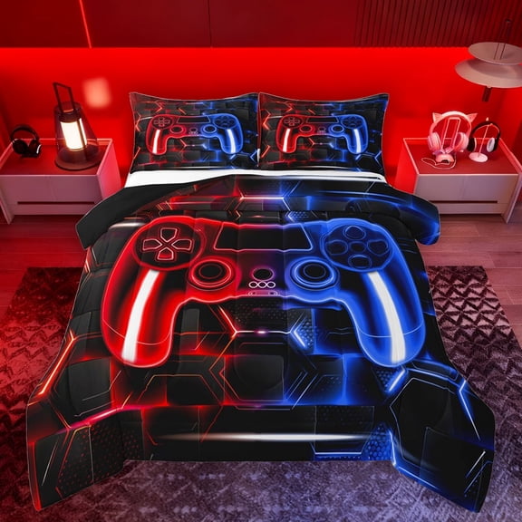 Feelyou Gaming Controller Kid Bedding Comforter Set, Futuristic Game Consloe Twin Comforter Sets, Honeycomb Abstract Blue Reversible Bedding Set, Lightweight Room Decor, 2 Pieces