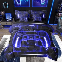 Feelyou Gaming Controller Kid Twin Bedding Sets 7-Piece, Futuristic Game Consloe Bedding Comforter Set, Honeycomb Abstract Blue Reversible Sheet Sets, Microfiber Bedroom Decor