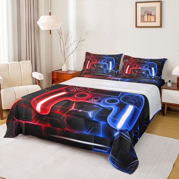 Feelyou Gaming Controller Kid Twin Sheet Sets, Futuristic Game Consloe Twin Fitted Sheet, Honeycomb Abstract Blue Flat Sheet, Lightweight Room Decor, 3 Pieces