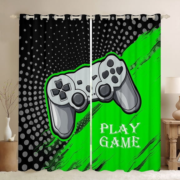 Feelyou Gaming Controller Kids Black Out Curtains, Green Abstract Curtains Pack of 2 (42x63 Each), Cartoon Video Game Lover Bedroom Curtains, Curtains and Drapes Room Decor