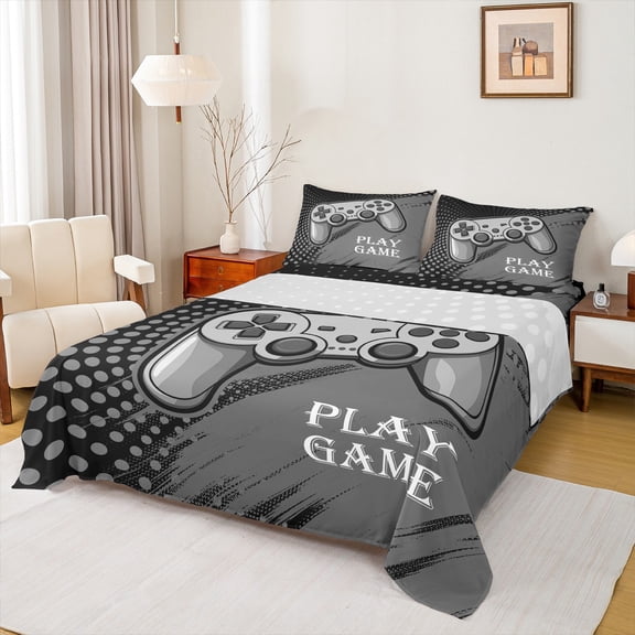 Feelyou Gaming Controller Kids Twin Sheet Sets, Grey Abstract Twin Fitted Sheet, Cartoon Video Game Lover Flat Sheet, Microfiber Bedroom Decor, 3-Piece