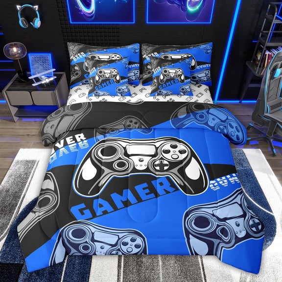 Feelyou Gaming Gamer Kids Bedding Comforter Set 7pcs, Game Gamepad Controller King Bedding Sets, Blue Cartoon Style Reversible Bed Sheets, Super Cozy Room Decor