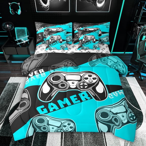 Feelyou Gaming Gamer Kids Bedding Comforter Set 7pcs, Game Gamepad Controller King Bedding Sets, Cyan Cartoon Style Reversible Bed Sheets, Super Cozy Room Decor