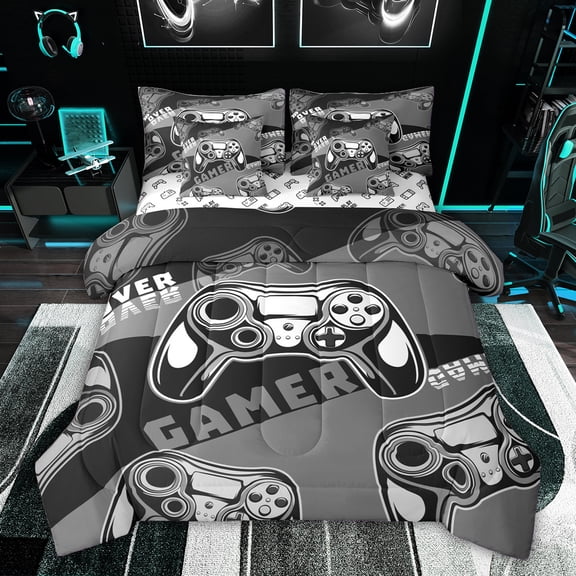 Feelyou Gaming Gamer Kids Bedding Comforter Set 7pcs, Game Gamepad Controller King Bedding Sets, Grey Cartoon Style Reversible Bed Sheets, Microfiber Bedroom Decor