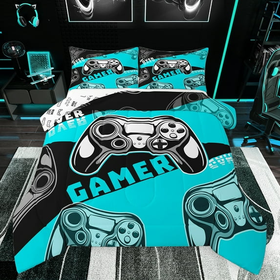 Feelyou Gaming Gamer Kids Bedding Comforter Set, Game Gamepad Controller Twin Comforter Sets, Cyan Cartoon Style Reversible Bedding Set, Super Cozy Room Decor, 2pcs