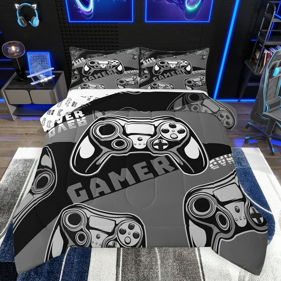 Feelyou Gaming Gamer Kids Bedding Comforter Set, Game Gamepad Controller Twin Comforter Sets, Grey Cartoon Style Reversible Bedding Set, Microfiber Bedroom Decor, 2pcs