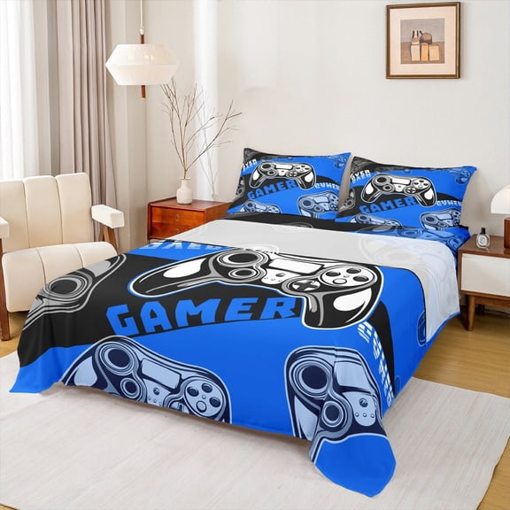 Feelyou Gaming Gamer Kids Twin Sheet Sets, Game Gamepad Controller Twin Fitted Sheet, Blue Cartoon Style Flat Sheet, Super Cozy Room Decor, 3-Piece