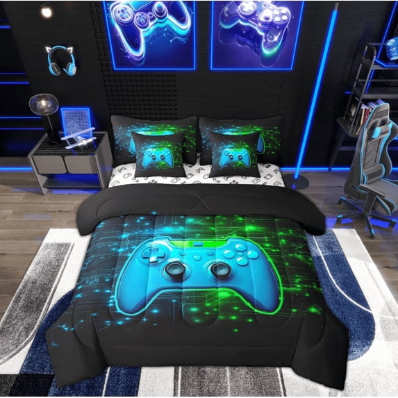 Feelyou Gaming Lover Twin Bedding Sets 7-Piece for Kids, Circuit Stripes Bedding Comforter Set, Cartoon Gamepad Reversible Sheet Sets, Lightweight Room Decor