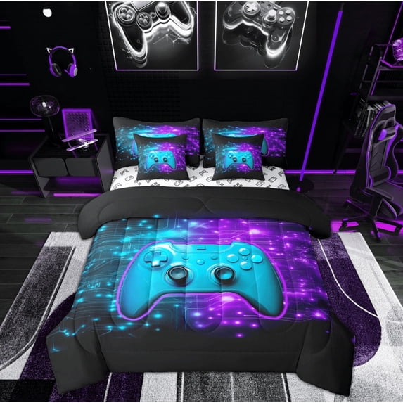 Feelyou Gaming Lover Twin Bedding Sets 7-Piece for Kids, Circuit Stripes Bedding Comforter Set, Cartoon Gamepad Reversible Sheet Sets, Super Cozy Room Decor