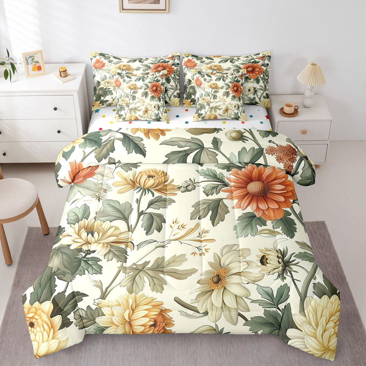 Queen size 4-Piece Comforter Set with Yellow Grey Floral Pattern