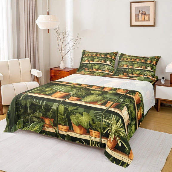Feelyou Garden Leaves Botanical Twin Sheet Sets, Cartoon Summer Plant Twin Fitted Sheet, Teens Kids Boys Girls Flat Sheet, Breathable Home Decor, 3-Piece
