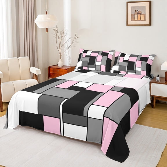 Feelyou Geometric Anstract Bed Sheets for Adult, Pink Grey Square King Sheets, Modern Fashion Sheet Set, Breathable Home Decor, 4-Piece