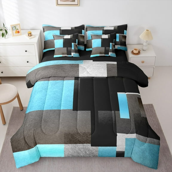 Feelyou Geometric Anstract Bedding Comforter Set 7pcs for Adult, Grey Blue Square Queen Bedding Sets, Modern Fashion Reversible Queen Sheet Sets, Microfiber Bedroom Decor