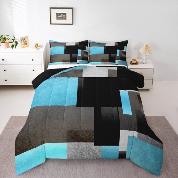 Feelyou Geometric Anstract Bedding Comforter Set for Adult, Grey Blue Square Twin Comforter Sets, Modern Fashion Reversible Bedding Set, Microfiber Bedroom Decor, 2 Pieces