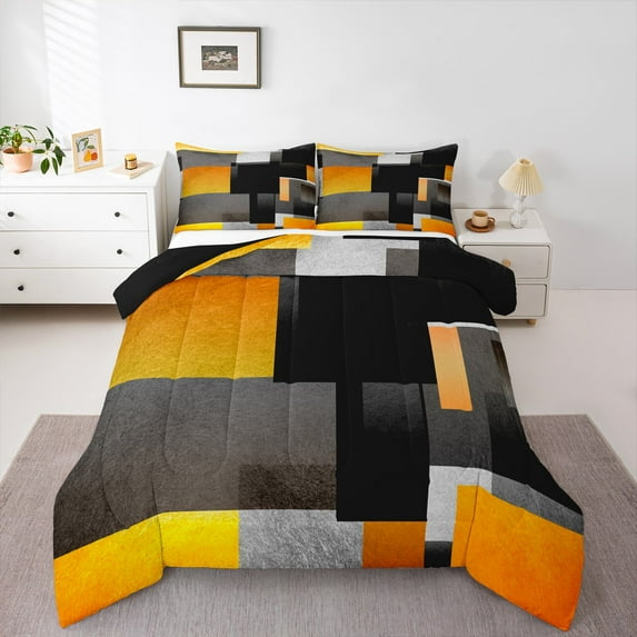 Feelyou Geometric Anstract Bedding Comforter Set for Adult, Grey Orange Square Twin Comforter Sets, Modern Fashion Reversible Bedding Set, Microfiber Bedroom Decor, 2 Pieces