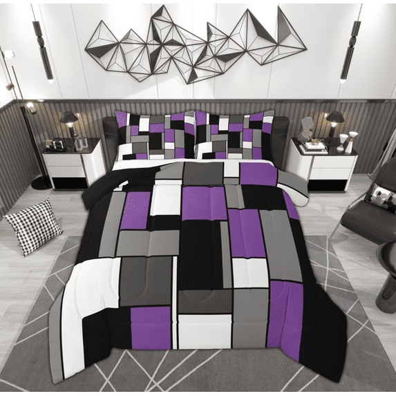 Feelyou Geometric Anstract Full Size Comforter Sets for Adult, Purple Grey Square Bedding Comforter Set, Modern Fashion Reversible Bedding Sets, Ultra Soft Home Decor, 3-Piece