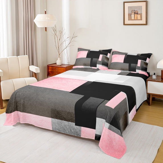 Feelyou Geometric Anstract Full Size Sheets for Adult, Pink Grey Square Bed Sheets, Modern Fashion Sheet Sets, Luxury Bedroom Decor, 4 Pieces