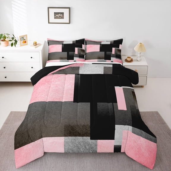 Feelyou Geometric Anstract Queen Comforter Set for Adult, Pink Grey Square Bedding Sets, Modern Fashion Reversible Bedding Comforter Set, Luxury Bedroom Decor, 3 Pieces