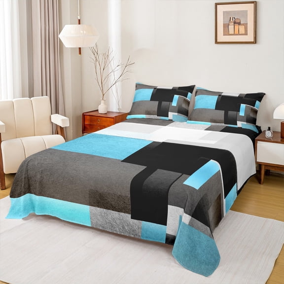 Feelyou Geometric Anstract Queen Sheet Sets for Adult, Grey Blue Square Flat Sheet, Modern Fashion Queen Fitted Sheet, Microfiber Bedroom Decor, 4 Pieces