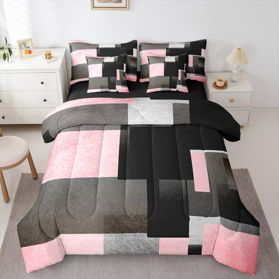 Feelyou Geometric Anstract Twin Bedding Sets 7-Piece for Adult, Pink Grey Square Bedding Comforter Set, Modern Fashion Reversible Sheet Sets, Luxury Bedroom Decor