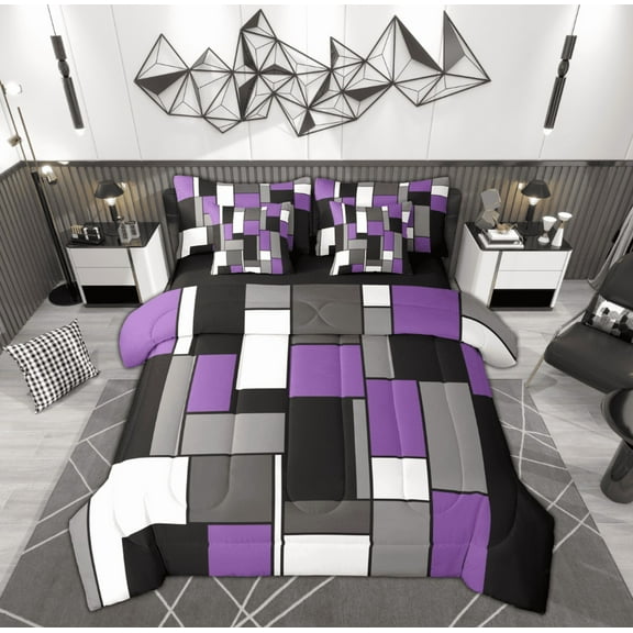 Feelyou Geometric Anstract Twin Bedding Sets 7-Piece for Adult, Purple Grey Square Bedding Comforter Set, Modern Fashion Reversible Sheet Sets, Ultra Soft Home Decor