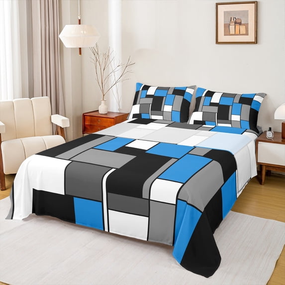 Feelyou Geometric Anstract Twin Sheet Sets for Adult, Grey Blue Square Twin Fitted Sheet, Modern Fashion Flat Sheet, Breathable Home Decor, 3-Piece
