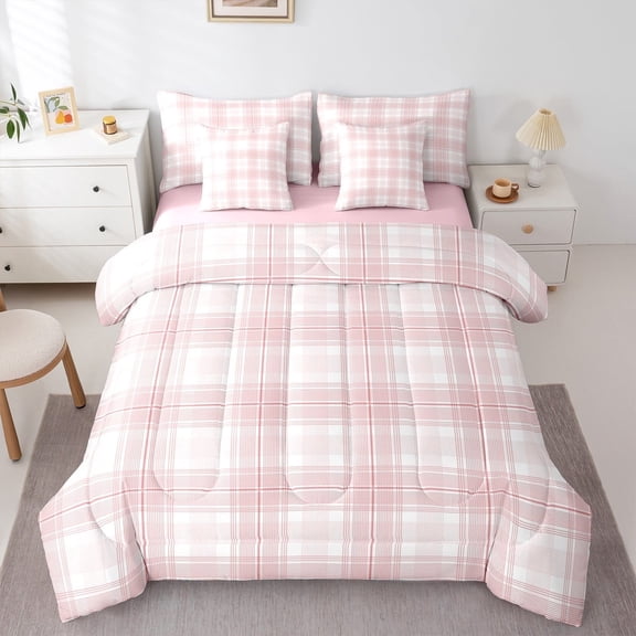 Feelyou Geometric Stripes Teens Bedding Comforter Set 7 Pieces, Square Rectangle Full Bedding Set, Pink Buffalo Plaid Reversible Fitted Sheet Flat Sheet, Luxury Bedroom Decor