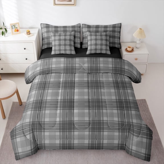 Feelyou Geometric Stripes Teens Bedding Comforter Set 7pcs, Square Rectangle Queen Bedding Sets, Dimgrey Buffalo Plaid Reversible Queen Sheet Sets, Microfiber Bedroom Decor