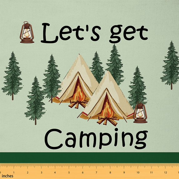 Feelyou Let's Get Camping Print Fabric by the Yard 5 Yards, Nature Adventure Fabric for Sewing, Tent Pine Tree Bonfire Home Decor Fabric by the Yard, Microfiber Bedroom Decor