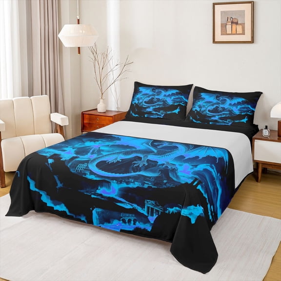 Feelyou Ghost Dragon Animal Full Size Sheets for Kids Boys Girls, Volcano Mountain Bed Sheets, Black Blue, 4pcs
