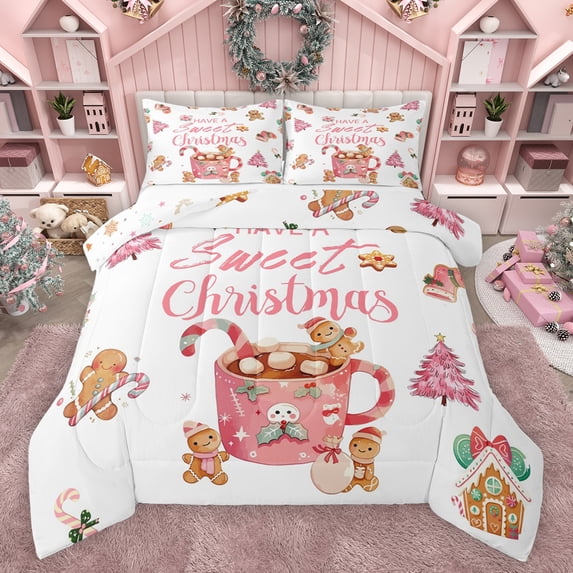 Feelyou Gingerbread Man Child Bedding Comforter Set, Pink Xmas Tree Twin Comforter Sets, Sweet Christmas Theme Reversible Bedding Set, Microfiber Bedroom Decor, 2 Pieces