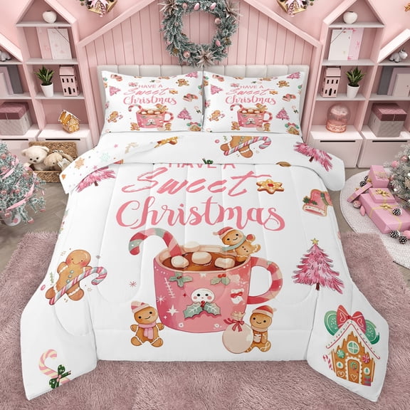 Feelyou Gingerbread Man Child Queen Comforter Set, Pink Xmas Tree Bedding Sets, Sweet Christmas Theme Reversible Bedding Comforter Set, Microfiber Bedroom Decor, 3 Pieces