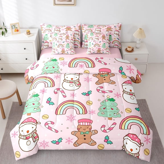 Feelyou Gingerbread Man Kids Bedding Comforter Set 7 Pieces, Christmas Tree Snowman Full Bedding Set, Cartoon Rainbow Reversible Fitted Sheet Flat Sheet, Super Cozy Room Decor