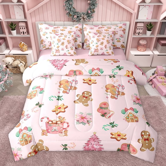Feelyou Gingerbread Man Kids Bedding Comforter Set 7 Pieces, Fairy Tale Xmas Tree Full Bedding Set, Merry Christmas Reversible Fitted Sheet Flat Sheet, Lightweight Room Decor