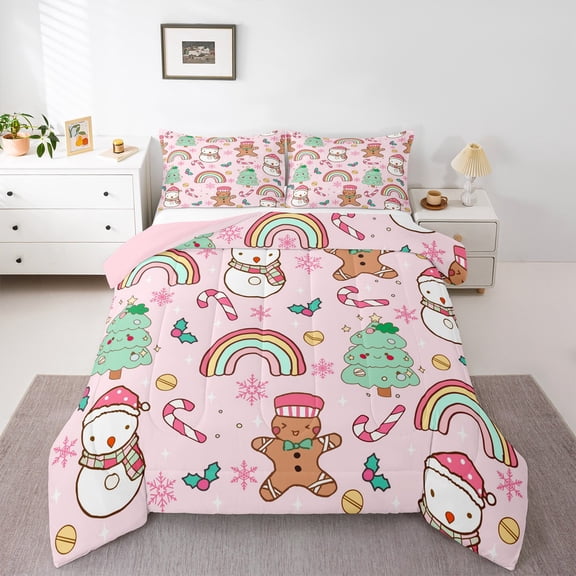 Feelyou Gingerbread Man Kids Full Size Comforter Sets, Christmas Tree Snowman Bedding Comforter Set, Cartoon Rainbow Reversible Bedding Sets, Super Cozy Room Decor, 3pcs
