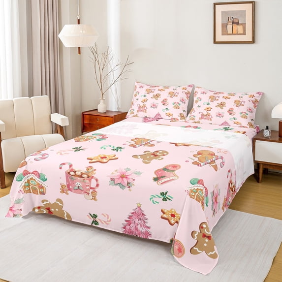 Feelyou Gingerbread Man Kids Full Size Sheets, Fairy Tale Xmas Tree Bed Sheets, Merry Christmas Sheet Sets, Lightweight Room Decor, 4pcs