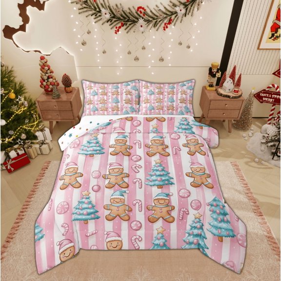 Feelyou Gingerbread Man Queen Comforter Set for Kids, Christmas Dessert Bedding Sets, Xmas Tree Geometric Reversible Bedding Comforter Set, Ultra Soft Home Decor, 3pcs